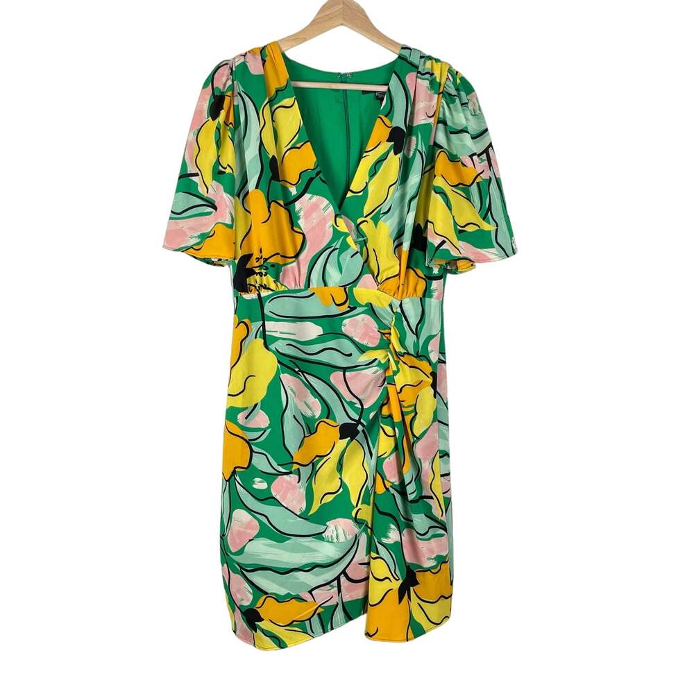 Maggy London Dress 8 Green Floral Flutter Sleeve V-Neck Ruched Sheath Abstract